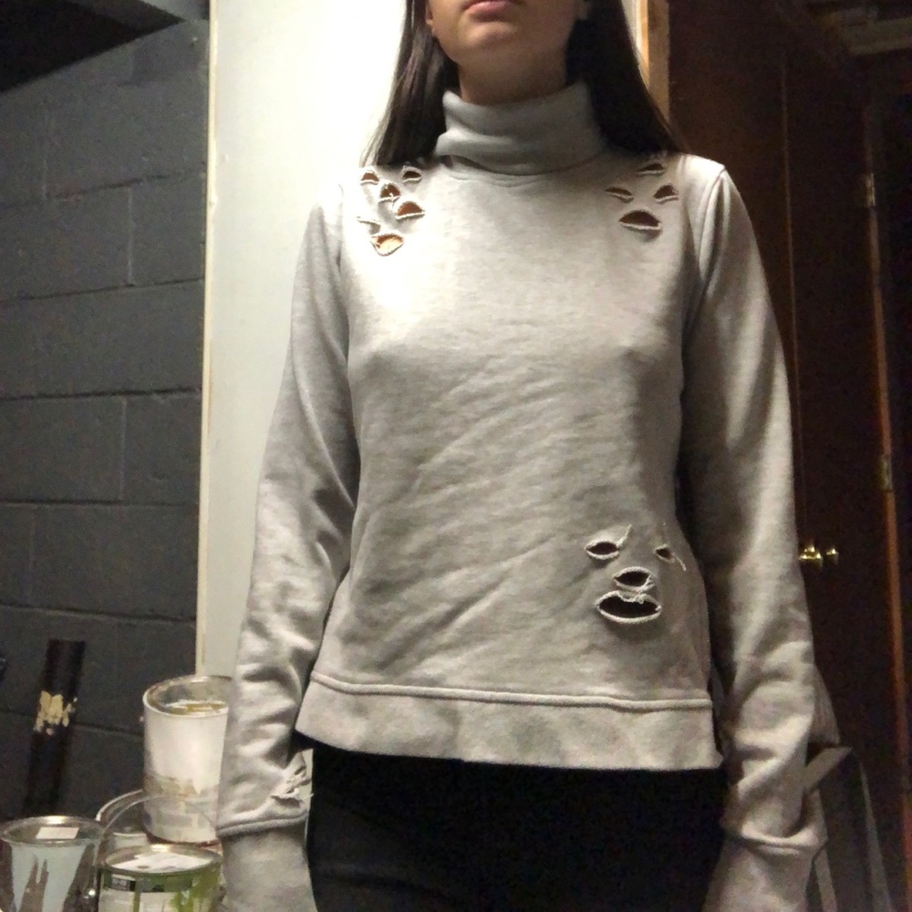 Grey turtleneck sweatshirt zip-down + ripped holes